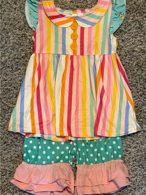 Girls' Rainbow Stripe & Polka Dot Matching Set - Pink/Teal
